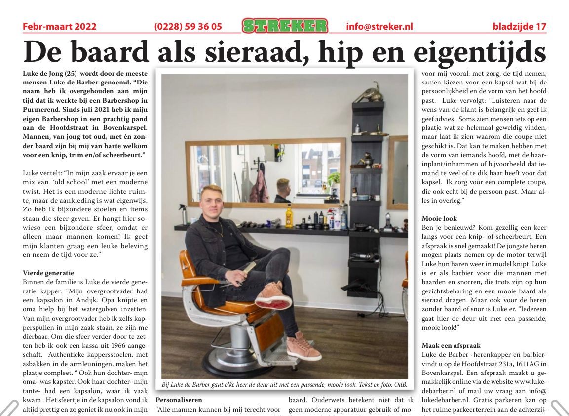 Newspaper article about Luke de Barber in the Streker