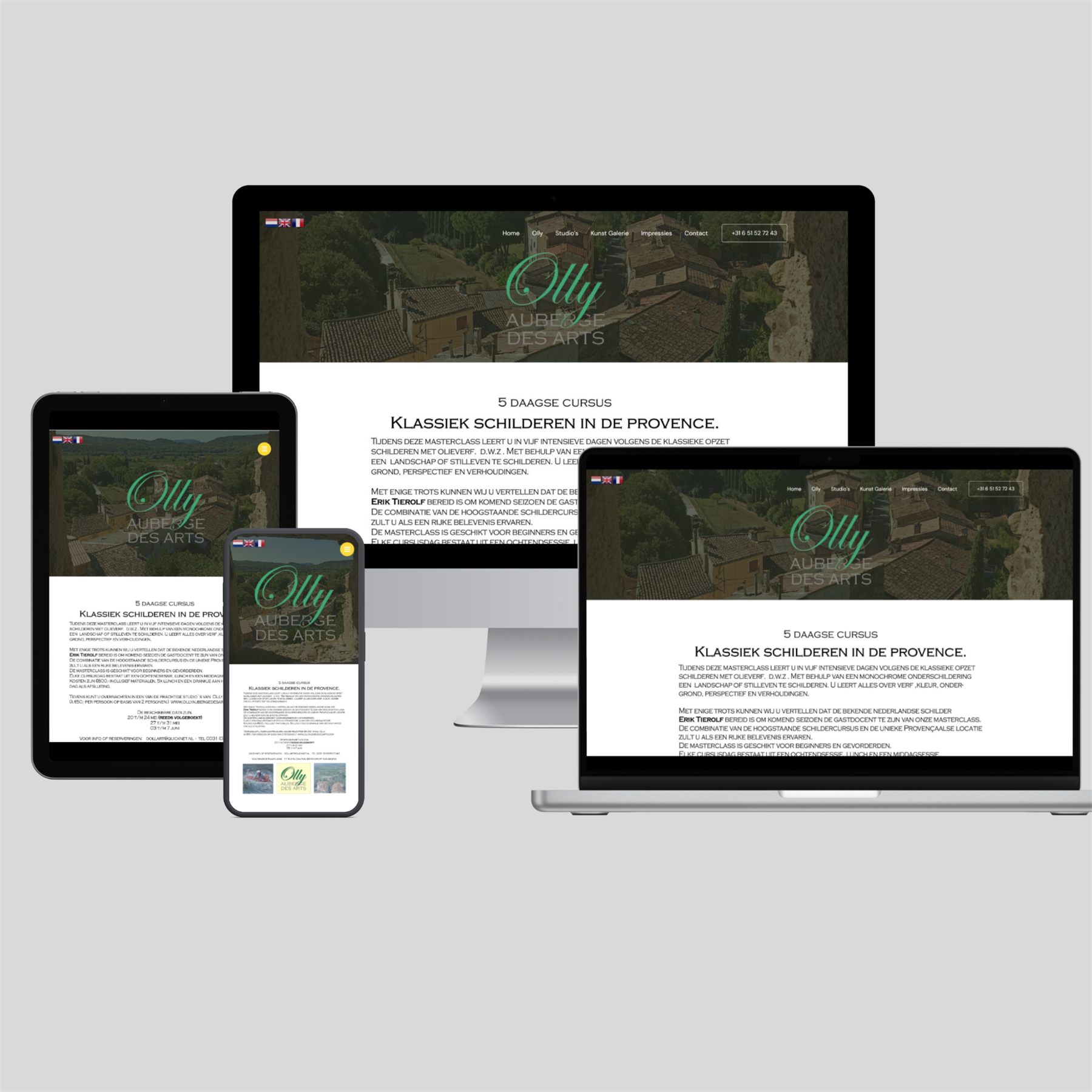 Olly Auberge des Arts website on desktop, tablet and mobile